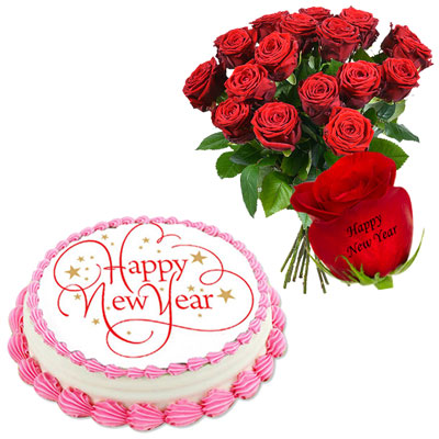 "Talking Roses (Print on Rose) (18 Red Roses) - Happy New Year, Cake - Click here to View more details about this Product